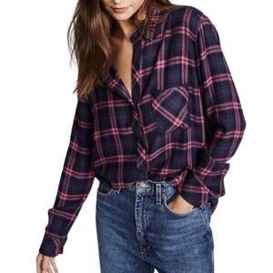 Rails Hunter Navy Mauve Button Up Flannel Women’s Shirt size S Layered Fall Look